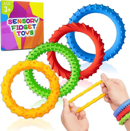 Sensory Fidget Toys for Kids Toddlers Stocking Stuffers 4PC Stretchy Texture Fidgets Bracelet for Autism ADHD Boy Quiet Figette Anxiety Relief Silent Calm Down Silicone Stress Toy Classroom Prizes