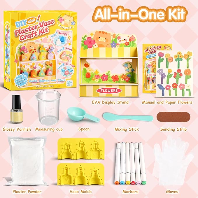 Crelloci DIY Mini Plaster Flower Vase Craft Kit – 3D Painting & Flower Arranging Toy for Kids – Creative Arts and Crafts Set for Girls Ages 3-8, Preschool Art Gift