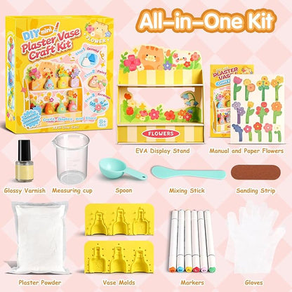 Crelloci DIY Mini Plaster Flower Vase Craft Kit – 3D Painting & Flower Arranging Toy for Kids – Creative Arts and Crafts Set for Girls Ages 3-8, Preschool Art Gift