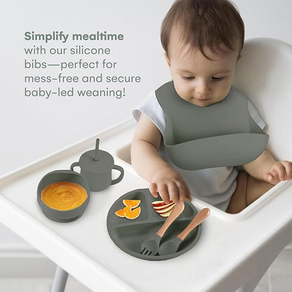 Childlike Behavior Baby Weaning Set of 6 - Sage Green Silicone Baby Feeding Set - Self Feeding Baby Wooden Fork and Spoon, Plates, Bibs, Easy to Grip, Dishes and Cups - Eating Learning Essentials