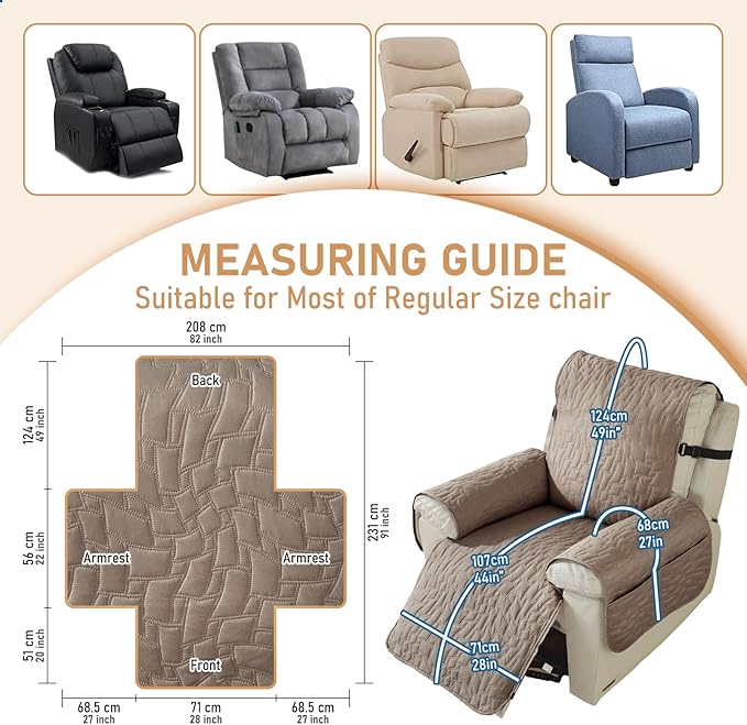 100% Waterproof Recliner Chair Covers for Reclining Chair, Large Recliner Covers That Stay in Place, Non-Slip Recliner Armchair Cover with Pockets for Kids, Pets, Dogs, Cat, Washable,Khaki,28IN