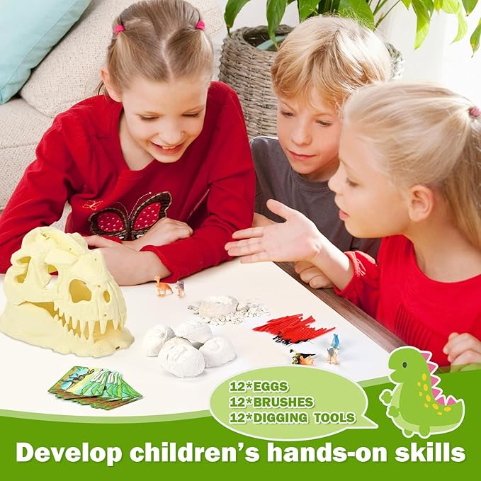 kolegend 12 Pack Dino Eggs Dig Kit and T. Rex Skull Dinosaur Eggs Excavation Set Easter Gift Dinosaur Toys Science Experiments Kits for Kids Easter Basket Stuffers Toys for 3+Year Old Boys Girl