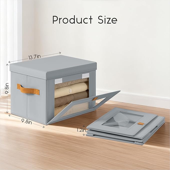Homsorout Small Fabric Storage bins - Collapsible Storage Bins with Open Window, 3 Pack Closet Baskets for Shelves, Stackable Decorative Boxes for Home, Dorm, Grey, 13.7"x 9.8" x 9.8"