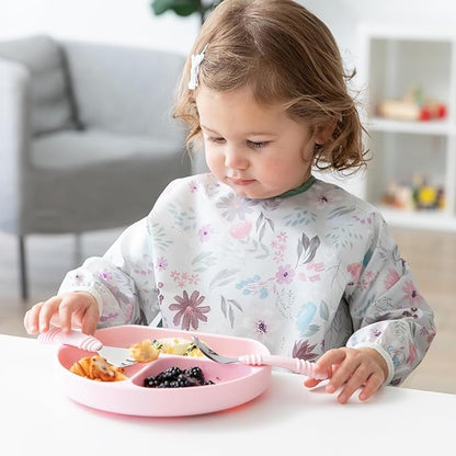 Bumkins Toddler Utensils, Kids Size Fork and Spoon Set, Silicone and Stainless-Steel Training Silverware, Angled Forks / Sporks for Self-Feeding, Children Hold Learning to Eat, 18 Months Up, Pink