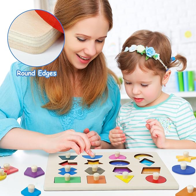 Shape Puzzles Wooden Puzzles for Toddlers, Peg Puzzle Educational Shape Sorter Toys Wooden Shape Board Puzzles, Preschool Learning Educational Toy for Baby Girls Boys