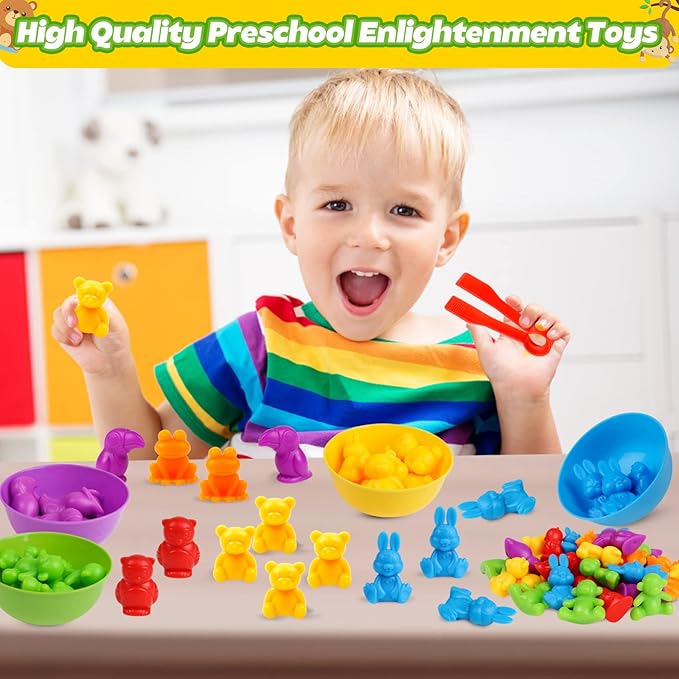 Counting Animals Color Sorting Matching Games with Sorting Bowls Montessori Sensory Early Educational Toys Learning Fine Motor Skill & Counting Math Toys Gift for 3 4 5 Year Old Boys Girls