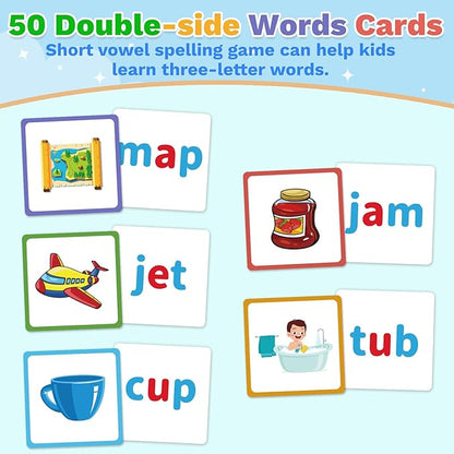 Wooden CVC Word Spelling Games, Sight Words Flash Cards Reading Letters for Beginner Preschool Learning Activities Montessori Educational Toy Gift for 3 4 5 6 Year Old Kids