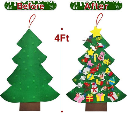 iGeeKid 4 Ft Led Felt Christmas Tree for Toddler Kids DIY Felt Christmas Craft Kits with 30 Ornaments 10ft Multi-Colored String Light Christmas Wall Hanging Decor Xmas Kids Gifts Party Supplies