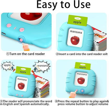 Kidzdo Spanish and English Audible Toys, Bilingual Español/English Talking Flash Cards with Music for Preschool,Kindergarten Toddler 2 3 4 5 6 to Learn Spanish English