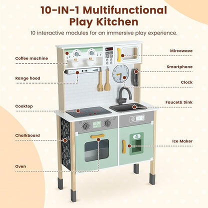 Play Kitchen Wooden Kids Kitchen Playset Pretending Toys for Toddlers with Real Lights & Sounds, 3 Heights Adjustable, Chalkboard, 35Pcs Toy Food & Cookware Accessories-Green