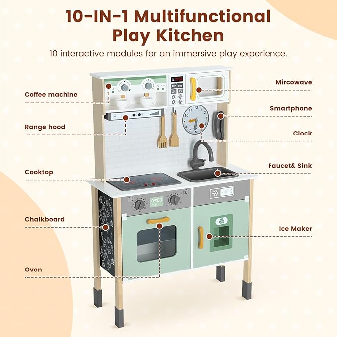 Play Kitchen Wooden Kids Kitchen Playset Pretending Toys for Toddlers with Real Lights & Sounds, 3 Heights Adjustable, Chalkboard, 35Pcs Toy Food & Cookware Accessories-Green