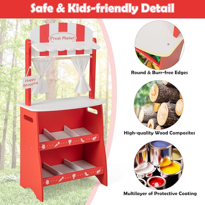 INFANS Grocery Store Marketplace Toy for Kids, Wooden Market Stand Pretend Play Set with 36 Cutting Vegetables Fruits Pieces, Role Food Shop Playset Gift for Boys Girls Ages 3+