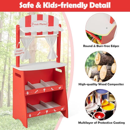 INFANS Grocery Store Marketplace Toy for Kids, Wooden Market Stand Pretend Play Set with 36 Cutting Vegetables Fruits Pieces, Role Food Shop Playset Gift for Boys Girls Ages 3+