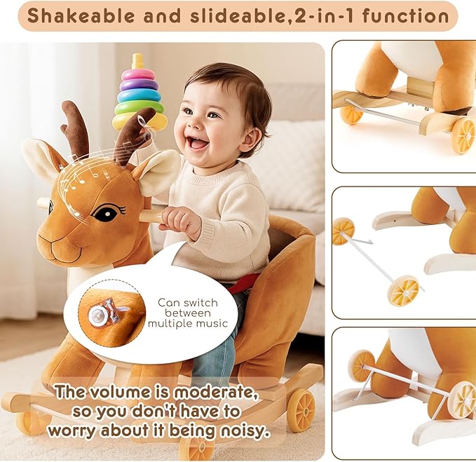 Toddler Rocking Horse Ride-on Toy 2-in-1 Convertible Rocker Pull Cart with Detachable Wheels, Music Player Safety Belt, Early Learning Baby Ride on Birthday Gift for 1-3 Year Old Boys Girls