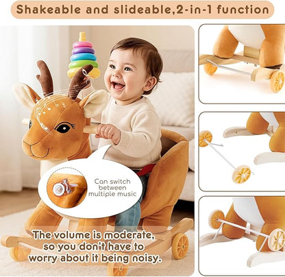 Toddler Rocking Horse Ride-on Toy 2-in-1 Convertible Rocker Pull Cart with Detachable Wheels, Music Player Safety Belt, Early Learning Baby Ride on Birthday Gift for 1-3 Year Old Boys Girls