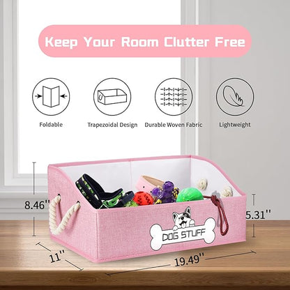 Collapsible Fabric Dog Toy Box and Storage Bin With Handle - Trapezoid Basket Chest Organizer for Pet Toys, Blankets and Accessories, Pink