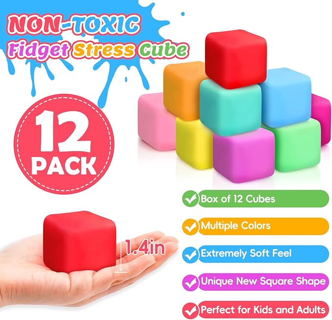 12 Pack Slow Rising Stress Cube, Dough Stress Balls Squishy Fidget Toys for Anxiety Relief, Soft Fidget Cube, Pull Stretch Squishy Toys for Classroom Prize, Party Favors for Kids Adults