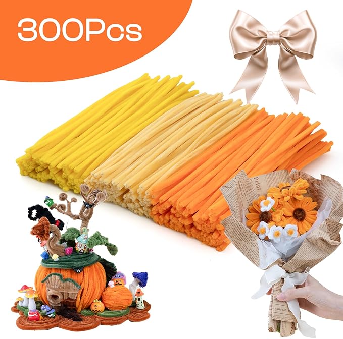 Caydo 300 Pieces Yellow Orange Pipe Cleaners for Flowers Making, Thick Fluffy Chenille Stems for Kids Creative Arts & Crafts and Home Decorations