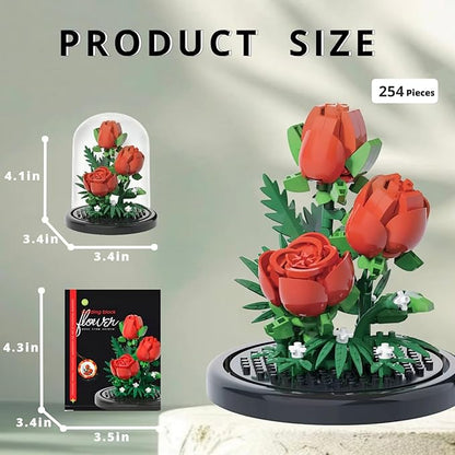 Red Rose Flowers Micro Bricks Building Set with Dust Cover,Artificial Flowers Botanical Collection for Home Decor, Creative Gifts for Adults Women Boys Girls,254 Pieces