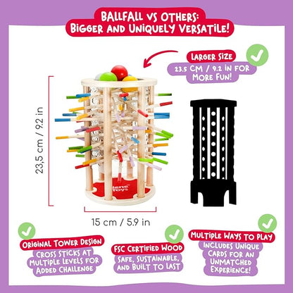 Nene Toys Ballfall, Montessori Toy from 3 Years - Educational Board Game with Colourful Sticks, Dice & Cards - Wooden Toy for Boys and Girls 3-9 Years - Children's Game from 3 Years