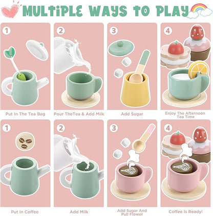 GAGAKU Wooden Tea Set for Kids, Wood Tea Party Set for Little Girls Wooden Coffee Afternoon Tea Toys Play Food forToddler Pretend Play Kitchen Accessories for Kids