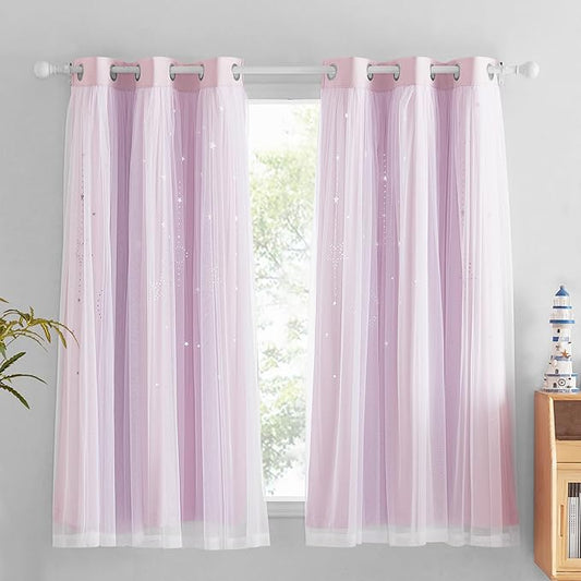 NICETOWN Short Curtains for Nursery Bedroom, Double Layer 63 inches Long Moon Star Cutout Girls Ombre Curtains with Sheer Overly for Living Room Nursery, 2 Panels, 42" Wide, Pink