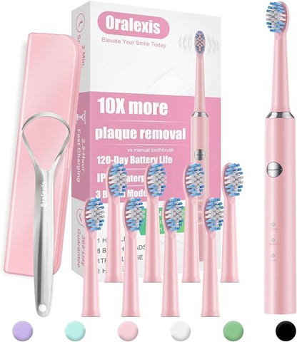Electric Toothbrush for Adults and Kids, with Tongue Scraper and 8 Brush Heads, One Fast Charge Last 120 Days, 40000 VPM Deep Clean, Sonic Travel Toothbrush - Pink