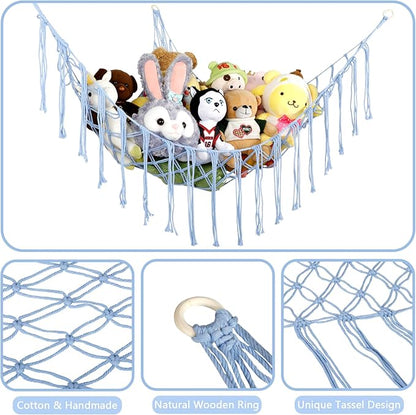 Boho Stuffed Animals Net or Hammock Large,55 inch Toy Hammock Macrame Stuff Animal Storage Corner Hanging Net Holder,Mesh Hammock Plush Toy Organizer with Hooks for Bedroom,Nursery (Baby Blue)