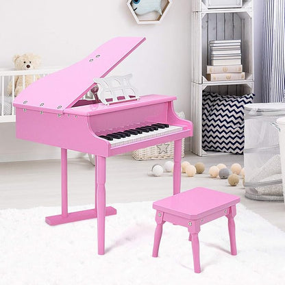 Goplus 30-Key Classical Kids Piano, Mini Grand Piano Wooden Learn-to-Play Musical Instrument Toy with Bench, Piano Lid, Music Rack, Gift for Boys Girls Aged 2+ Baby Toddler (3 Straight Leg-Pink)