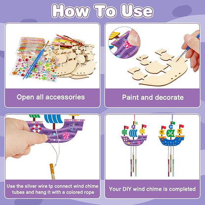 Fennoral 10 Pack Wind Chime Kit for Kids Make Your Own Pirates Ship Wind Chime Wooden Arts and Crafts for Girls Boys Ornaments DIY Coloring Ship for Art Activity Birthday Spring Party Decoration