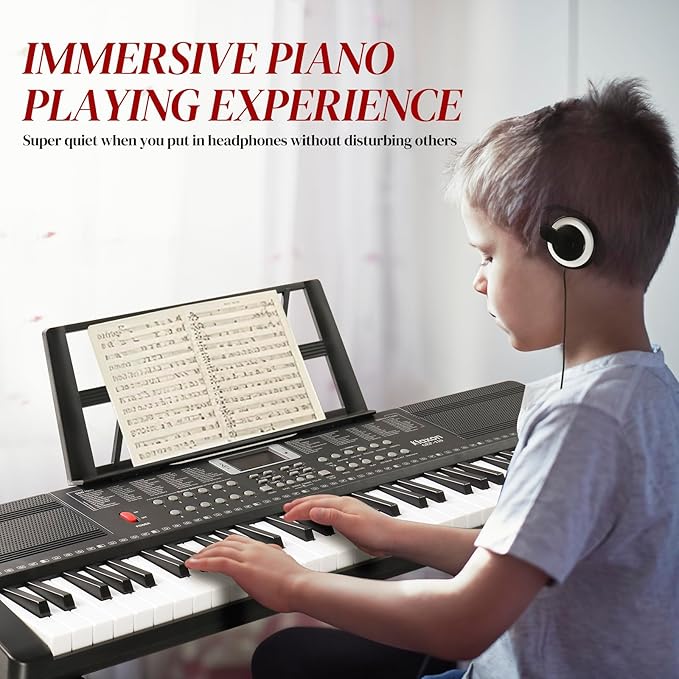 Ktaxon 61 Key Keyboard Piano Electric Keyboard, Electric Piano Set with Headphones, Microphone, Music Rest, Power Adapter, Piano Stand, Piano Bench and Manual (Full Size H Stand-Classic Black)