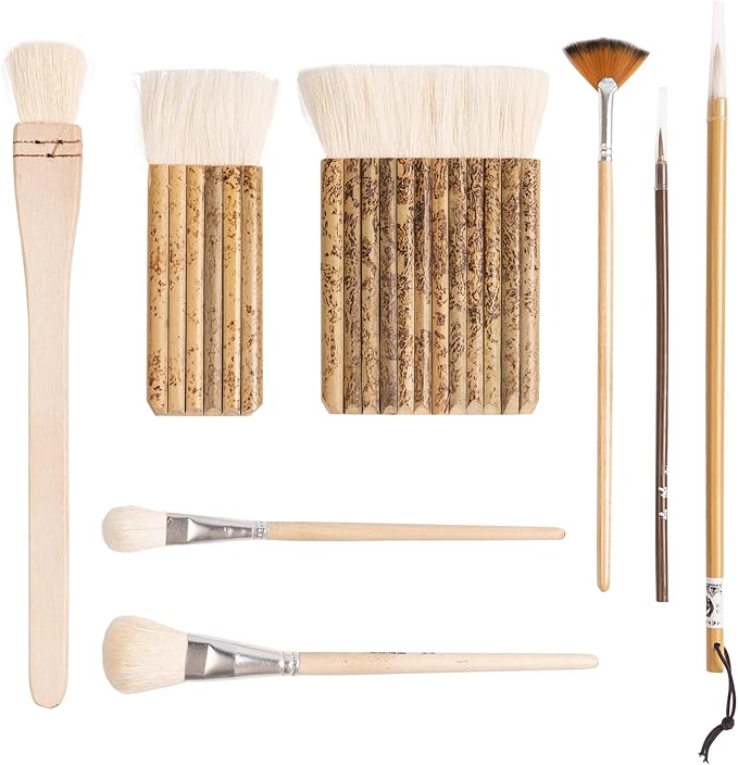 Set of 8 Pottery Glaze Brushes, Wool Soft Bristle for Ceramic Glazing Acrylic Watercolor Oil Painting, Includes Mop, Hake, Sumi, Fan, Fine Brush for Clay Wheel Kiln Blending Art Supplies