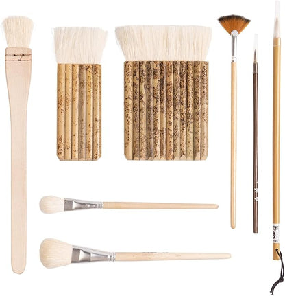 Set of 8 Pottery Glaze Brushes, Wool Soft Bristle for Ceramic Glazing Acrylic Watercolor Oil Painting, Includes Mop, Hake, Sumi, Fan, Fine Brush for Clay Wheel Kiln Blending Art Supplies