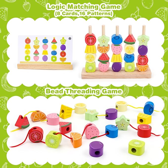 Appoft Montessori Wooden Beads Mastery Kit: Fine Motor Skills Builder for Toddlers 2-5 Stacking Blocks Lacing Beads Travel Learning Toys STEM Gifts for 2 3 4 5 Year Old Boys Girls Toys for Ages 2-4