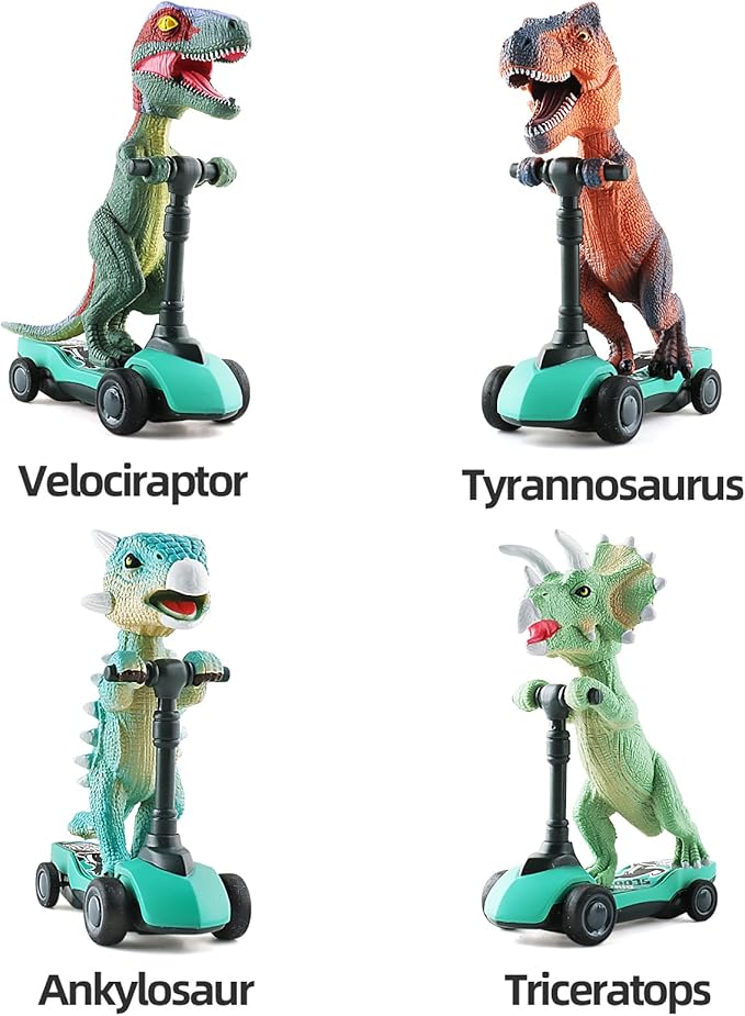 DINOBROS Dinosaur Scooter Toys Pull Back Cars Mini Finger Kick Scooters Boy Toy Age 3 4 5 6, Dino Gift Sets for Kids 4-Pack
