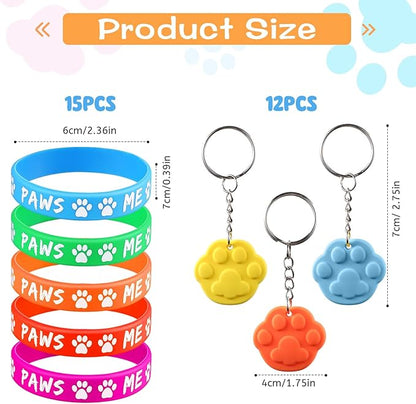 Skylety 58 Pcs Dog Paw Print Party Favors Set, Paw Print Stamps Rubber Silicone Bracelets Sticker Keychain, Puppy Birthday Party Favors Patrol Supplies, Gift Bag Stuffer (Multi Colors)