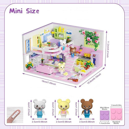 Mini Friends Duplex Apartment Building Sets for Adults, Bears Pink Dream House Kitchen Home Cottage Girly Collectible Display Modular Bricks Kits for Teens 14 14+ (1110 PCS)