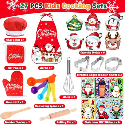 Labeol Christmas Kitchen Kids Cooking Sets Real, 27 PCS Kids Baking Set with Apron, Chef Hats and Oven Mitts for Christmas Dinner Party Baking, Fun Cooking Gifts for Boys Girls