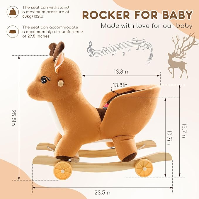 Toddler Rocking Horse Ride-on Toy 2-in-1 Convertible Rocker Pull Cart with Detachable Wheels, Music Player Safety Belt, Early Learning Baby Ride on Birthday Gift for 1-3 Year Old Boys Girls