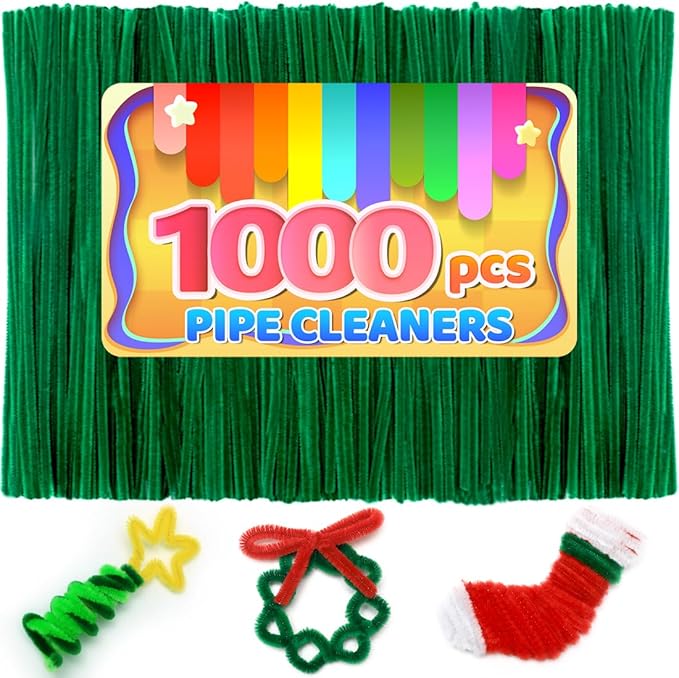 Iooleem 1000pcs Christmas Green Pipe Cleaners, Chenille Stems, Pipe Cleaners for Crafts, Pipe Cleaner Crafts, Art and Craft Suppl.