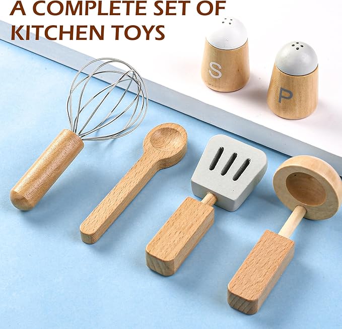 Wood Kids Play Kitchen Accessories Set, Pretend Play Cooking Toys Set, Kitchen Toys Playset for Toddlers, Toy Pots and Pans for Kids Kitchen with Fake Play Food Cookware, Girls Boys Gift