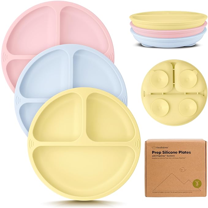 KeaBabies Suction Plates for Baby, Toddler - 3-Pack 100% Silicone Toddler Plates, Divided Baby Plates with Suction, Silicone Plates for Baby, Kids, BPA-Free, Microwave, Dishwasher Safe (Popsicle)