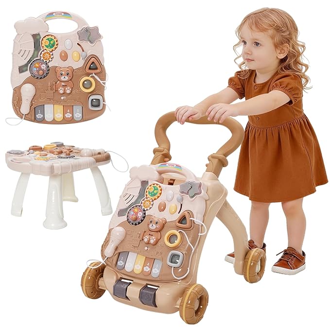 3 in 1 Baby Push Walker and Activity Center, Learning to Walk, Sit to Stand, Early Learning Push Toys with Music Piano for Infant 12 Months, Walking Toys Gift for Toddler Toddlers