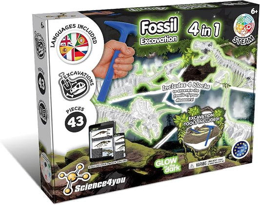 Science4you Dino Excavation Set 4 in 1 - Fossils Excavation Set for Children from 6+, Glows in The Dark, Dinosaur Game and Dino Gift for Boys and Girls from 6 7 8 9+