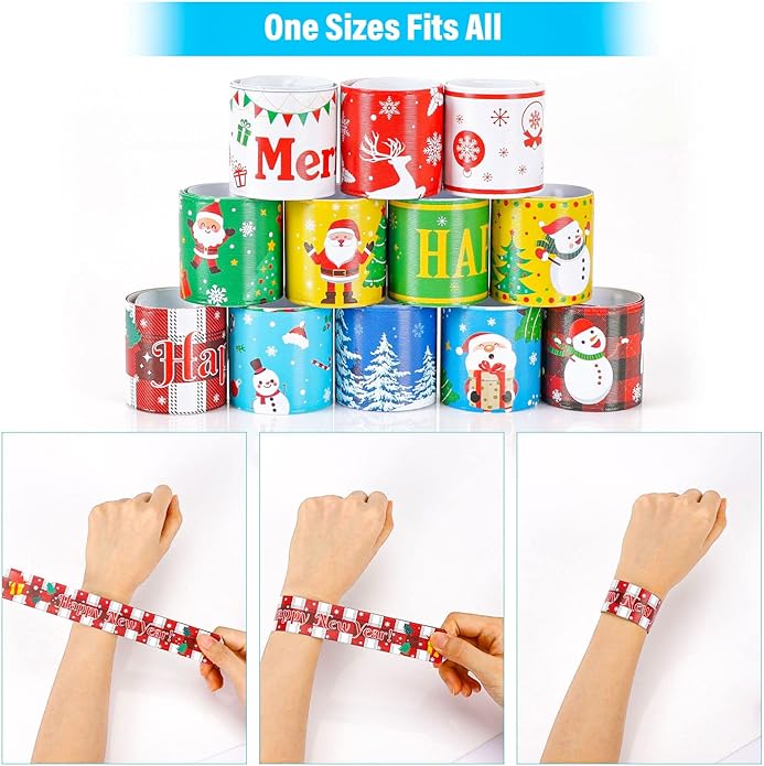 Mibor 48Pcs Christmas Slap Bracelets Christmas Silicone Bracelets, Christmas Classroom Gifts, Xmas Slap Wristbands Rubber Wristbands for Kids Girls Boys Christmas Party Favors Stocking Stuffers Gifts