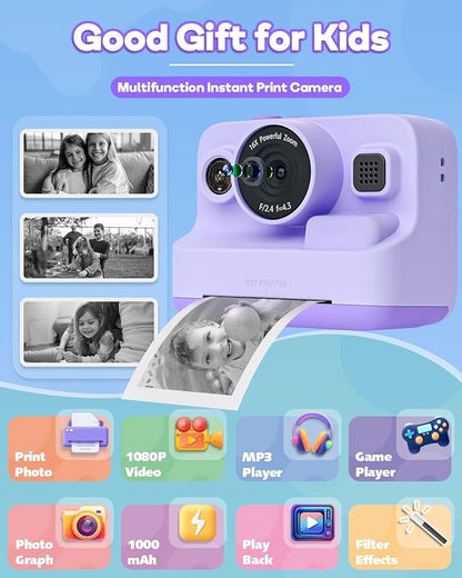Instant Print Camera for Kids,2.4 Inch Screen Kids Instant Cameras, Christmas Birthday Gifts for Girls Age 3-12, Portable Toddler Toy for 3 4 5 6 7 8 9 10 Year Old Girls Boys Purple
