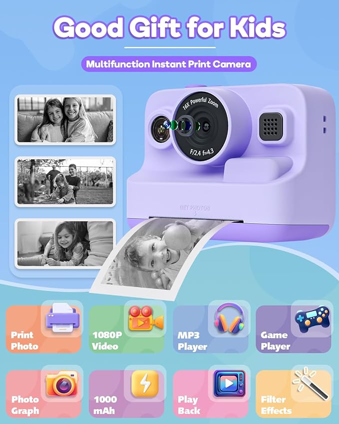 Instant Print Camera for Kids,2.4 Inch Screen Kids Instant Cameras, Christmas Birthday Gifts for Girls Age 3-12, Portable Toddler Toy for 3 4 5 6 7 8 9 10 Year Old Girls Boys Purple