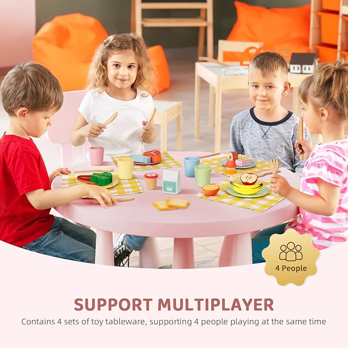 Wooden Play Dishes and Plates for Kids Kitchen Set, 25 PCS Wooden Play Kitchen Accessories, Pretend Montessori Kids Pots and Pans Playset for 3+ Toddlers
