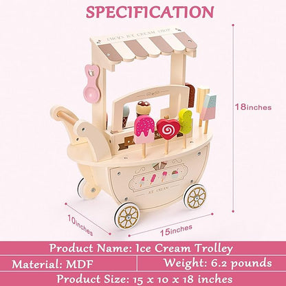 ROBOTIME Wooden Ice Cream Cart Play Set for Kids Toddlers, Pretend Play Kitchen Food Toy Gift for Ages 3+