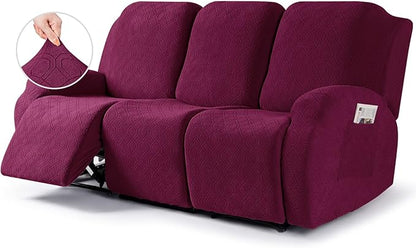 VANSOFY Recliner Cover, 3-Pieces Stretch Reclining Couch Covers with Pockets Reclining Sofa Slipcovers 3 Seater Soft Washable Furniture Protector for Dogs Cats(Burgundy)